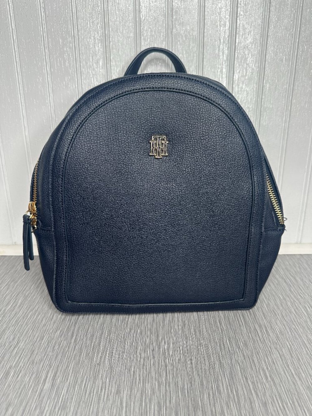 Tommy Hilfiger Navy Pebbled Backpack Gold Logo Zip Adjustable Strap